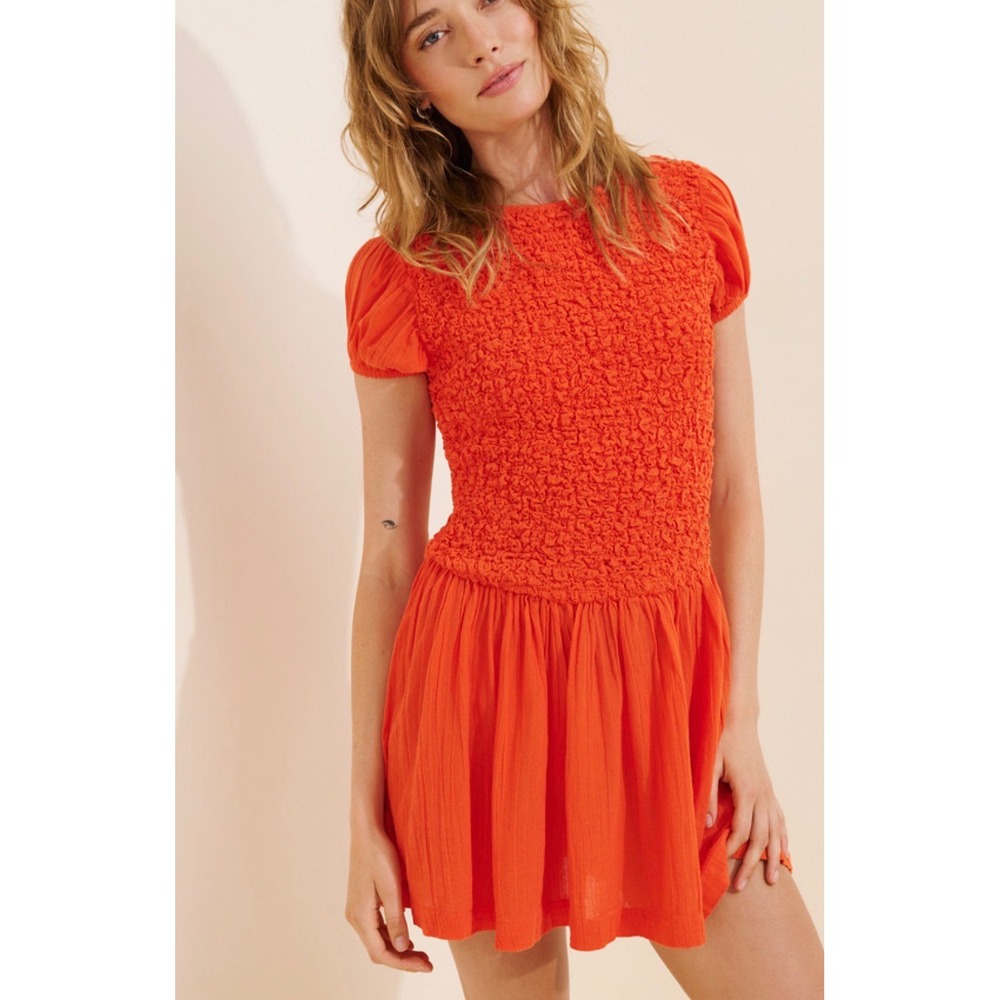 Free People free-est Say Hello Smocked Dress textured smocked bodice puff sleeve